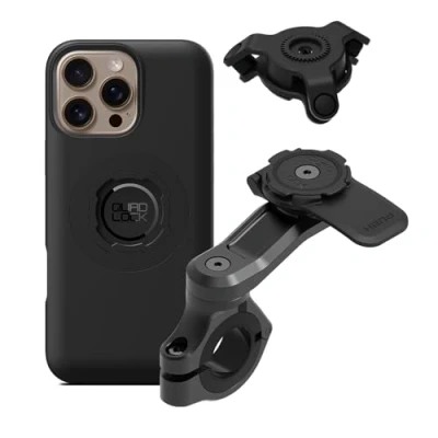 Abbildung von Quad Lock Lenker Motorrad Handyhalterung Pro Kit mit Vibrationsdämpfer und iPhone 16 Max MAG Handyhülle