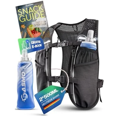 Abbildung von SASMO® Laufweste Damen &amp; Herren 5L + 2x500 Soft Flask Running Vest Ultraleicht 270g atmungsaktiv Laufrucksack 8 Taschen Trinkweste Laufen Trinkrucksack