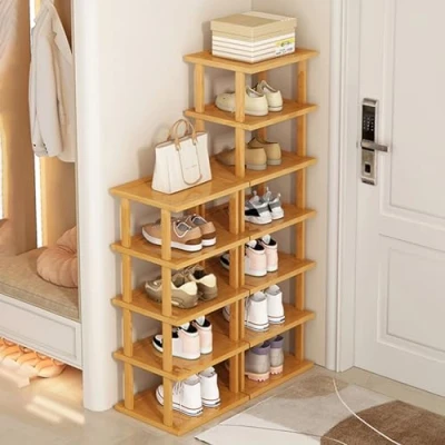 Abbildung von Shienfir Schmales Schuhregal aus Holz mit 5/7/8 Ebenen, abnehmbarer Schuhaufbewahrer, vertikaler Schuhorganizer, platzsparendes Eck Schuhregal, hoher Schuhturm, freistehend für den Eingang, ohne