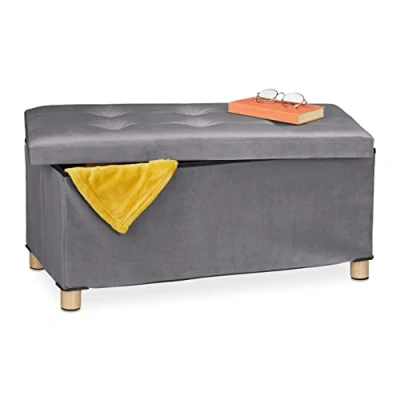 Abbildung von Relaxdays Sitzbank mit Stauraum, Polster, Samtbezug, Holzfüße, bis 120 kg, faltbar, Sitztruhe HBT 34x76x38 cm, anthrazit