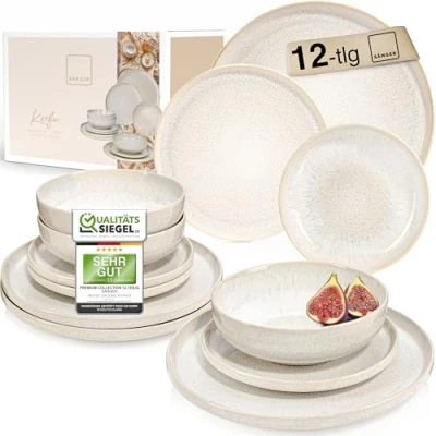 Abbildung von SÄNGER Tafelservice Korfu Geschirrset (12 tlg), 4 Personen, Steingut, Creme Farben mit Sandiger Maserung, Handmade, Premium Collection