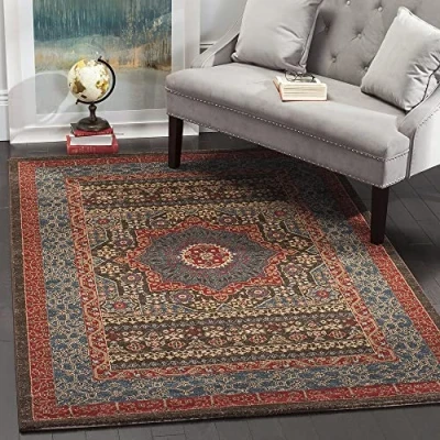 Abbildung von SAFAVIEH Traditionell Teppich für Wohnzimmer, Esszimmer, Schlafzimmer Mahal Collection, Kurzer Flor, Marineblau und Rot, 122 X 170 cm