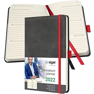 Abbildung von SIGEL C2257 Terminplaner Wochenkalender 2022 Vintage Design Lederoptik ca. A5 grau Hardcover 192 Seiten Gummiband, Stiftschlaufe, Archivtasche PEFC zertifiziert Conceptum