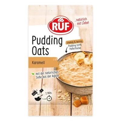 Abbildung von RUF Pudding Oats Karamell, harmonische Mischung aus Karamellpudding und Vollkorn Haferflocken, ohne Zucker, mit Agavendicksaft gesüsst, 1 x 64g Beutel