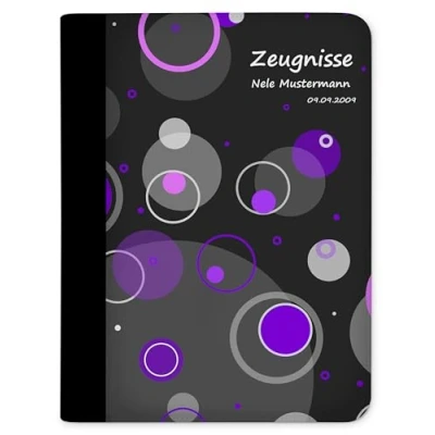 Abbildung von CreaDesign, Kinder Zeugnismappe personalisiert mit Namen, Zeugnis Mappe Kreise Lila, DIN A4, 26,7 x 32,7 1 cm, Rücken schwarz