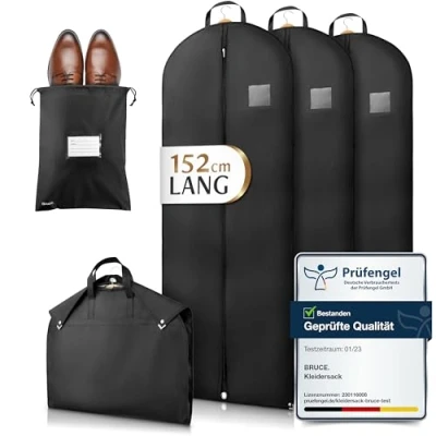 Abbildung von Bruce.® 3x Premium Kleidersack Lang 152 x 60 cm inkl. 1x Schuhbeutel, Optimierte Materialstärke, Hochwertige Kleiderhülle für Anzug, Jacke &amp; Kleid, Atmungsaktive Anzugtasche Reisen Aufbewahrung