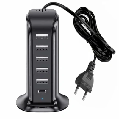 Abbildung von D97CS 6 Port USB Ladegerät Schnelllade Station mit Netzkabel, Anschlüsse, ideal für Handy, Tablet, Smartphone &amp; mehr Kompatibel Headsets und Anderen Geräten (EU)