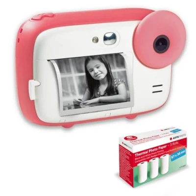 Abbildung von AGFA Photo Realikids Instant Cam + 3 Rollen Thermopapier, ATP3WH Sofortbildkamera für Kinder, LCD Display 2,4 Zoll, Lithium Akku, Selfie Spiegel und Fotofilter Rosa