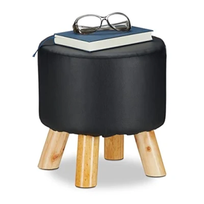 Abbildung von Relaxdays Hocker Kunstleder, gepolstert, 4 Holzbeine, Flacher Fußhocker, runder Dekohocker, H x D: 30 cm, schwarz, Größe, 10025736_46