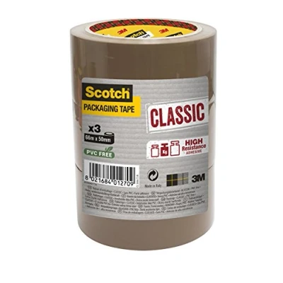 Abbildung von Scotch Verpackungsklebeband Classic, Starkes Paketklebeband, Packband, 3 Rollen, 50 mm x 66 m, Braun