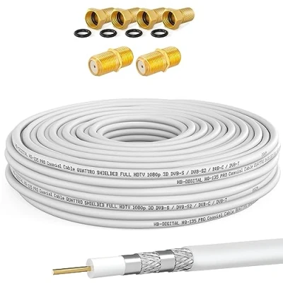 Abbildung von 130dB 15m Koaxial SAT Kabel HQ 135 PRO 4 Fach geschirmt für DVB S / S2 C UND T BK Anlagen + 4X vergoldete F Stecker 2X Verbinder Gratis dazu