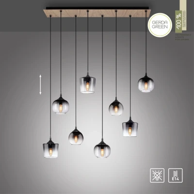 Abbildung von Pendelleuchte GREEN ZEA, 8x E14/25 Watt max., rauchfarbene Gläser, Holz natur