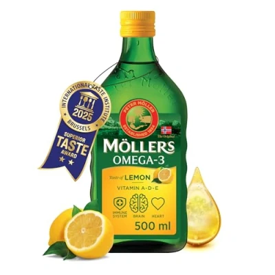 Abbildung von Möller&#039;s Omega 3 Lebertran Öl Nordic Nahrungsergänzung mit EPA, DHA, Vitamin A, D, E Superior Taste Award Hochreiner natürlicher 165 Jahre alte Marke Zitrone 500 ML
