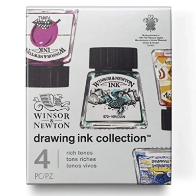 Abbildung von Winsor &amp; Newton 1090104 Zeichentusche Set, 4 Farben, wasserbeständig für Illustratoren, Grafikern, Kalligraphen und Künstler Purpur / Ultramarin Sonnengelb Viridian