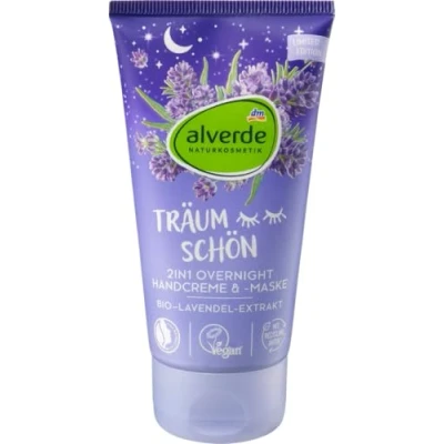 Abbildung von alverde NATURKOSMETIK TRÄUM SCHÖN 2in1 OVERNIGHT HANDCREME &amp; Handmaske Lavendel Nachtcreme für trockene Hände, 75 ml (Limited Edition)