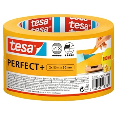 Abbildung von tesa Malerband Perfect+ Malerkrepp aus dünnem Washi Papier zum präzisen Abkleben bei Malerarbeiten für den Innenbereich 2x 50 m x 30mm