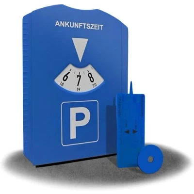 Abbildung von kinoco Parkscheibe mit Eiskratzer 2 in 1 Parkuhr für Auto und Motorrad INKL. Reifenprofilmesser + Einkaufswagen Chip Winter &amp; Profiltiefenmesser