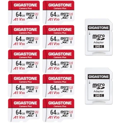 Abbildung von Gigastone Kamera Plus 64GB MicroSDXC Speicherkarte 10er Pack + SD Adapter, für Action und Drohne, Lesegeschwindigkeit bis zu 95MB/s, Full HD Videoaufnahme, A1 U3 Klasse 10 Micro Karte UHS I