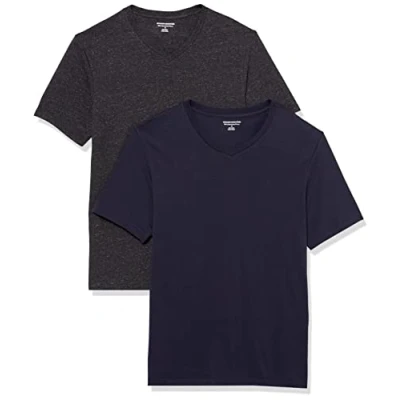 Abbildung von Amazon Essentials Herren Kurzärmelige T Shirts mit V Ausschnitt, 2er Pack, Dunkelgrau Meliert/Marineblau, XXL