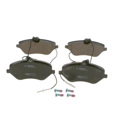 Abbildung von BOSCH 0 986 494 098 Bremsbelagsatz Low Metallic mit integriertem Verschleißsensor Anti Quietsch Blech, Schrauben Zubehör