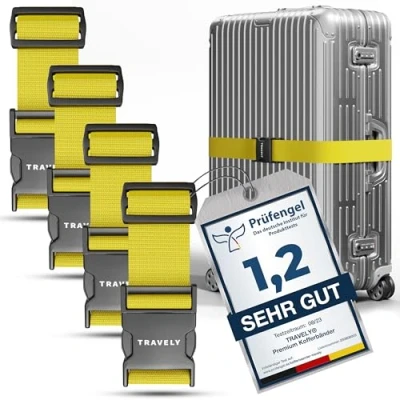 Abbildung von Travely® Premium Koffergurt Besonders Auffällig &amp; Sicher Inkl. 4 Namensschildern Gepäckband ideal über Kreuz [4er Set] Gelb