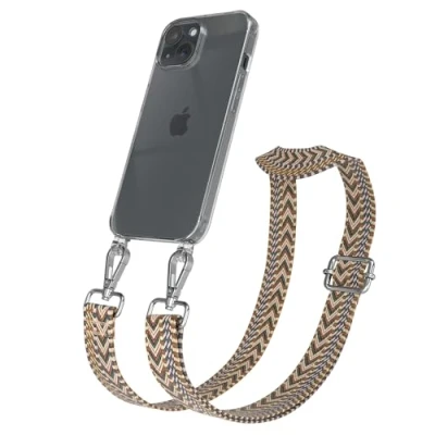 Abbildung von EAZY CASE Handykette mit verstellbarem Trageriemen für iPhone 15 Taschengurt zum Wechseln transparenter Handyhülle Hülle dünner Schulterriemen in Braun Silber