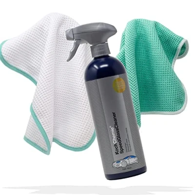 Abbildung von detailmate Auto Glasreinigungs Set Koch Chemie Speed Glass Cleaner 750ml mit Zwei Mikrofaser Waffeltüchern 450GSM 35x35cm Scheiben Reinigungsset Mikrofasertüchern