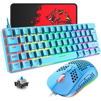 Abbildung von T60 Mini 60% Mechanische Tastatur Maus Sets, Kompakt 62 Tasten, Typ C Wired, 19 Hintergrundbeleuchtung Gaming + 6400 DPI RGB Mauspad, UK Layout für PC,Laptop Blau/Blau Schalter