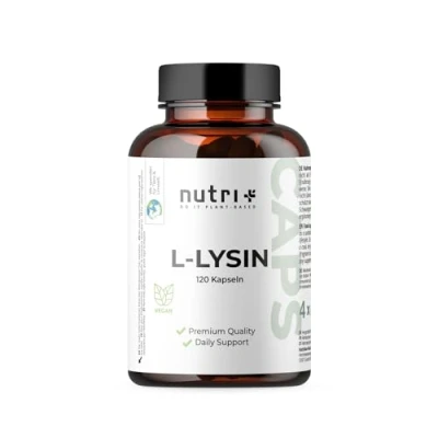Abbildung von Nutri + L Lysin Kapseln hochdosiert vegan 2200mg pro Tagesdosis laborgeprüft 120 Caps je 550mg Baustein für Kollagen &amp; Bindegewebe
