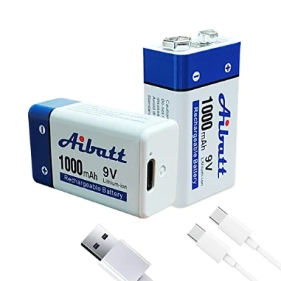 Abbildung von Aibatt 9V Block Akku 1000mAh,mit Ladeanschluss Typ C,Li ion 6F22 Wiederaufladbare Batterie für Mikrofon,Rauchmelder,elektronisches Spielzeug,Walkie Talkie,Rauchmelder,9V Blockbatterien(2 Stück)