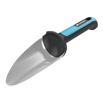 Abbildung von Cellfast Pflanzkelle, Blumenkelle (breit) ERGO für Einpflanzen von kleinen Topf und Rabattenpflanzen aus hochwertigem Edelstahl, 42 001 schwarz / blau