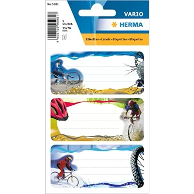 Abbildung von HERMA 5981 Buchetiketten zum Beschriften Mountainbike, 9 Stück, 76 x 35 mm, selbstklebend, liniert, Buchaufkleber für Schule Kinder Mädchen Jungen, mehrfarbige Heftetiketten Aufkleber, bunt