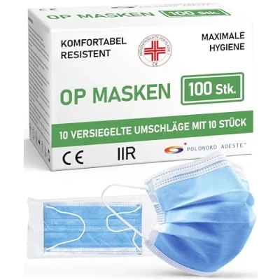 Abbildung von ADESTE 100x Einweg OP Masken Typ IIR, 3 lagig, spritzwassergeschützt, konform mit UNI EN 14683:2019+AC:2019, BFE &gt;98%