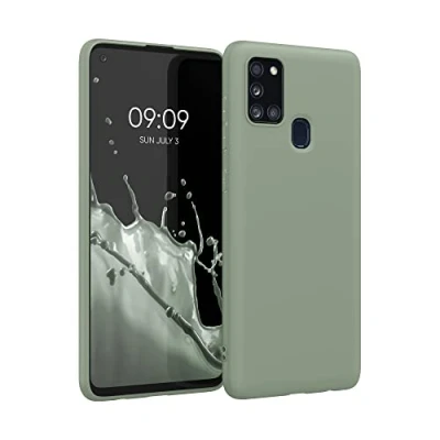 Abbildung von kwmobile Hülle kompatibel mit Samsung Galaxy A21s weiches TPU Silikon Case Cover geeignet für kabelloses Laden Graugrün