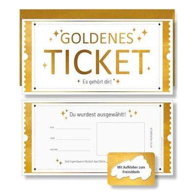 Abbildung von Frank Paperman Geschenkkarte Set Goldenes Ticket Gutschein mit Umschlag &amp; Rubbelaufkleber, 100 % Recyclingpapier, hochwertige Rubbelkarten zum selber beschriften