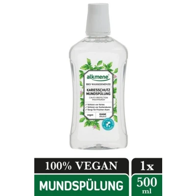 Abbildung von alkmene Kariesschutz Mundspülung mit Bio Wasserminze Mundwasser vegan 6 fach Schutz ohne Alkohol, Silikone, Parabene, Mineralöl, PEGs, SLS, SLES Zahnspülung (1x 500 ml)