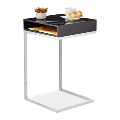 Abbildung von Relaxdays Beistelltisch, C Form, HBT: 63x37x38 cm, Sofatisch zum Unterschieben, MDF &amp; Metall, Ablagefach, schwarz/Silber