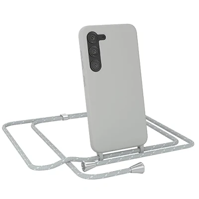 Abbildung von EAZY Case Silikon mit Kette kompatibel Samsung Galaxy S23 Stoßfest Handyhülle Band, Stylische Abnehmbar Necklace als Set in Grau Riemen Hellgrau/Weiß Endstücke Silber