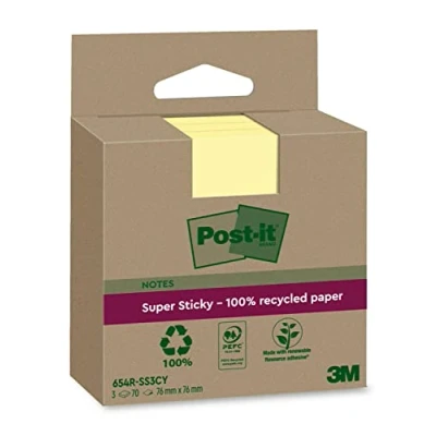 Abbildung von Post it Super Sticky 100 % Recycling Notes, 3 Blöcke, 70 Blätter pro Block, 76 mm x mm, Gelb Extra starke Haftnotizen aus Recyclingpapier