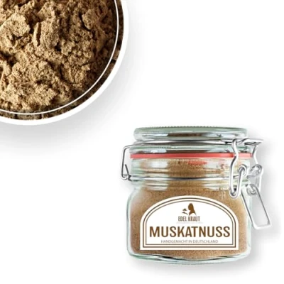 Abbildung von MUSKATNUSS gemahlen BIO 130g im Premium Glas EDEL KRAUT 100% naturrein Gewürze &amp; Gewürzmischungen frei von jeglichen Zusatzstoffen kontrolliert biologischer Anbau Nutmeg Organic