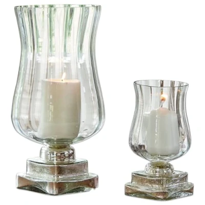 Abbildung von Loberon Windlicht 2er Set Lumio, Zwei Größen, Pokalform, Mundgeblasen, mit Rillenstruktur, für Teelichter oder Stumpenkerzen, Kerzenhalter, Dekoration, Glas, klar/Silber