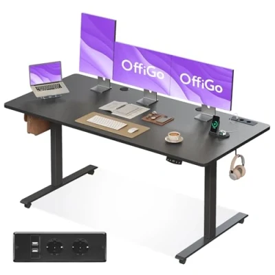 Abbildung von OffiGo Höhenverstellbarer Schreibtisch, 160cm, Elektrischer Schreibtisch mit USB, Höhenverstellbar 2 Memory Funktion, Tisch für Büro, Zuhause, Gaming, Schwarze