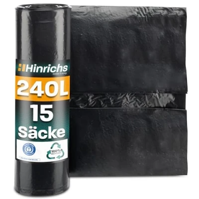Abbildung von Hinrichs Müllsäcke 240L extra Stark 15er Rolle 100x125 cm Extrem reißfeste Müllbeutel Mülltüten aus Recycling LDPE Schwarze Säcke Abfallsäcke für Garten, Haushalt &amp; Baustelle