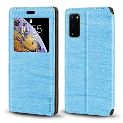 Abbildung von Samsung Galaxy S20 FE 5G Hülle, Holzmaserung Lederhülle mit Kartenhalter und Fenster, Magnetische Flip Cover für Fan Edition Himmelblau