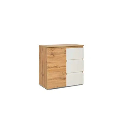 Abbildung von Kommode mit 1 Tür und 3 Schubkästen (B/H/T: 80 x 40 cm) griffloses Design, Honigeiche