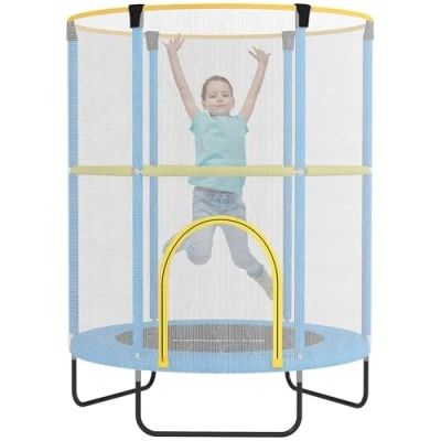 Abbildung von AIYAPLAY Kinder Trampolin Ø140 cm, Indoor mit Sicherheitsnetz, Gummiseil, Randabdeckung, Kindertrampolin Tür Reißverschluss für 3 6 Jahre Dunkelblau