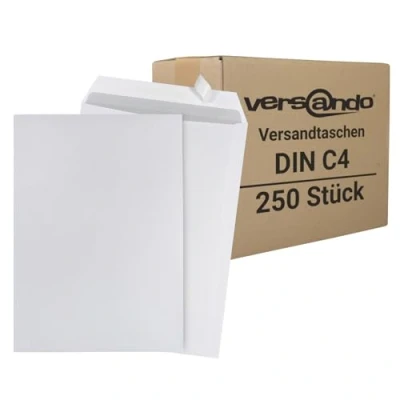 Abbildung von versando 250x C4 Versandtaschen ohne Fenster Briefumschläge weiß selbstklebend passend für DIN A4 (1 Karton)