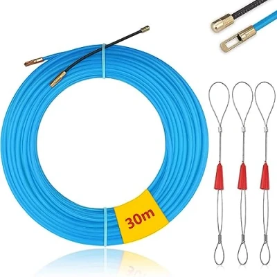 Abbildung von Mis.Moon 30m Kabeleinziehhilfe mit 3 Führungsfeder, φ4mm Einziehband Einziehdraht Einziehspirale, Kabeleinzug Einziehhilfen, Fischband Drahtzieher für Einzugsband zur Kabelverlegung (Blau)