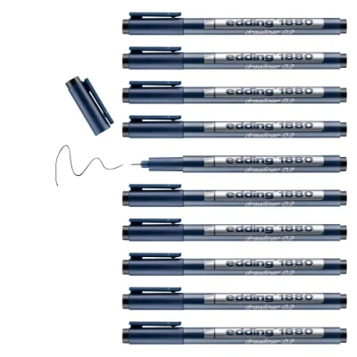 Abbildung von edding 1880 Präzisionsfeinschreiber schwarz 10 Stifte Linienbreite 0,3 mm Fineliner zum präzisen Schreiben und Skizzieren feine, metallgefasste Spitze Lineal schablonengeeignet