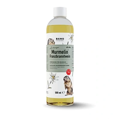 Abbildung von BANO Tiroler Murmelin Franzbranntwein 500ml Ideal vor und nach Sport körperlicher Betätigung, sowie bei Muskelkater zum Kühlen schwerer Beine enthält neben 65% vol. Alkohol unter anderem echtes Latschenkieferöl, Menthol Arnikaextrakt